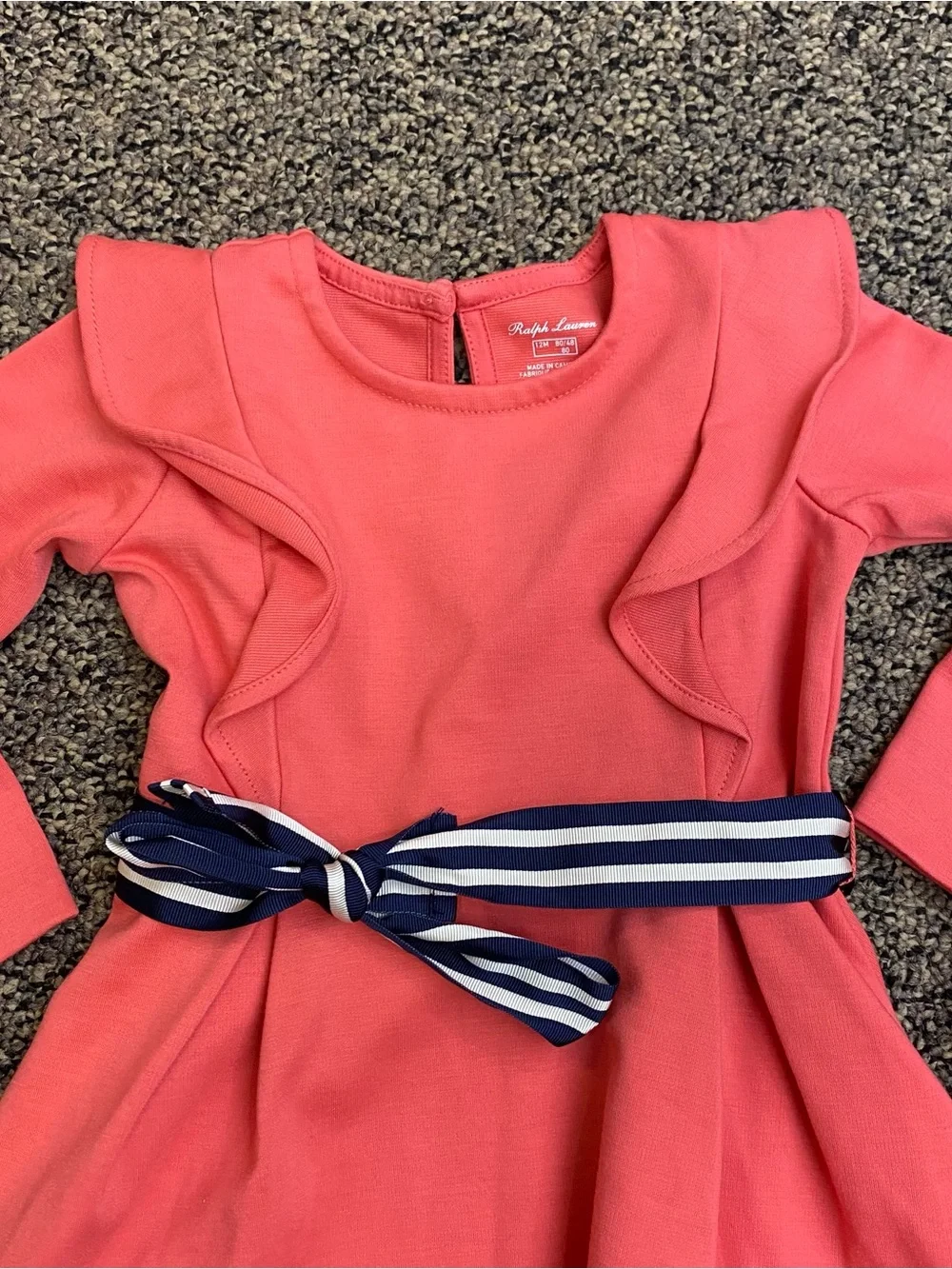 Ralph Lauren Coral Pink Ruffle Long Sleeve Dress Set with Belt Size 12 Months